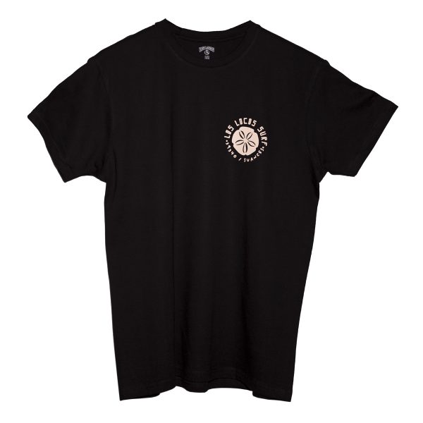 camiseta manga corta FRONTAL negro logotipo natura beige TIENDA SURF LOS LOCOS SUANCES