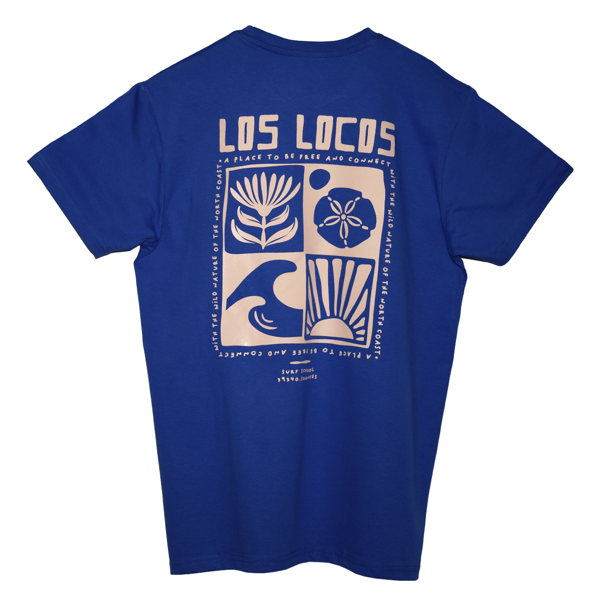camiseta manga corta azul logotipo nature beige TIENDA SURF LOS LOCOS SUANCES