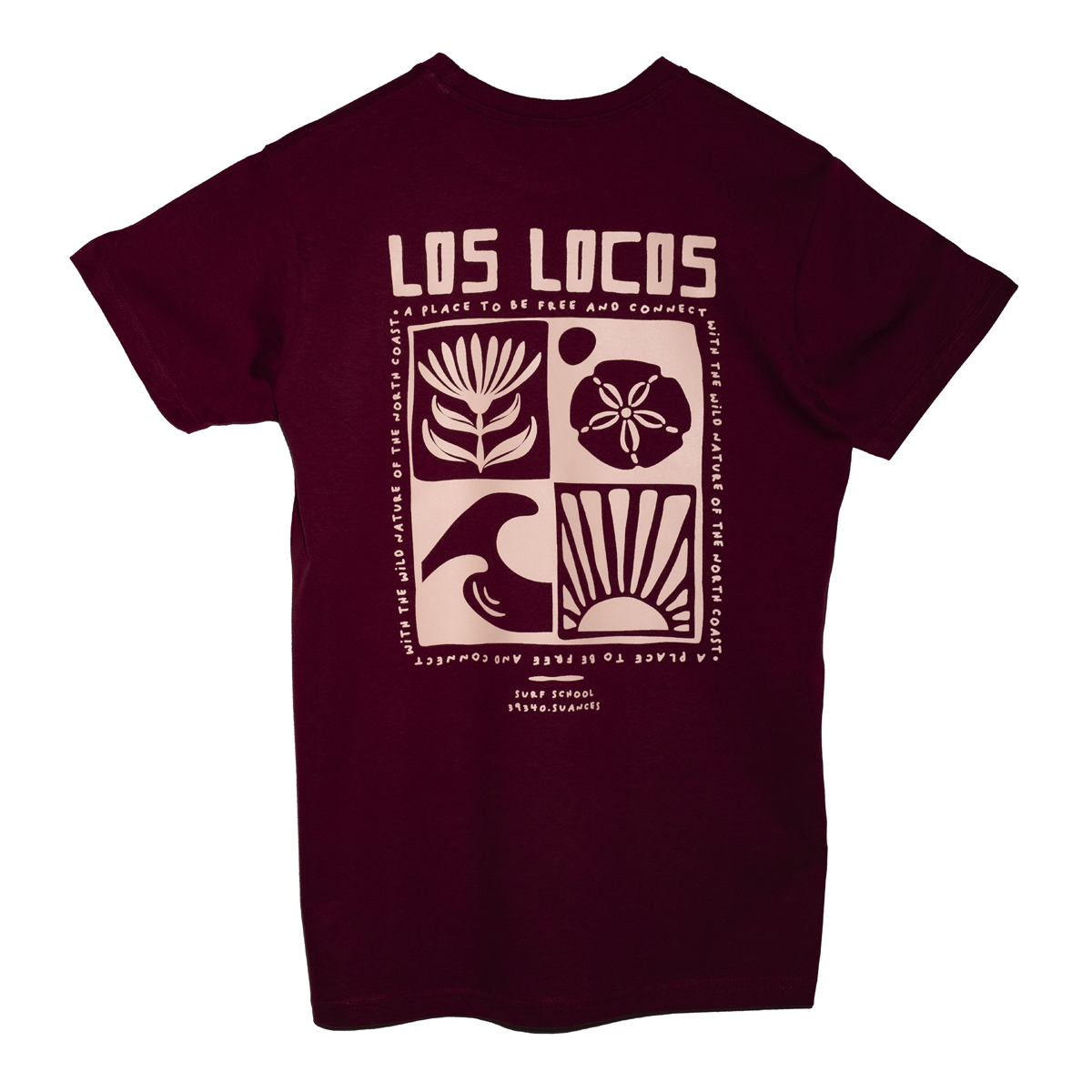 camiseta manga corta granate ESPALDA REVERSO logotipo nature beige TIENDA SURF LOS LOCOS SUANCES-tallas