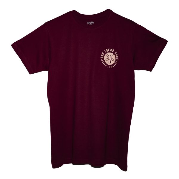 camiseta manga corta granate FRONTAL logotipo nature beige TIENDA SURF LOS LOCOS SUANCES-tallas