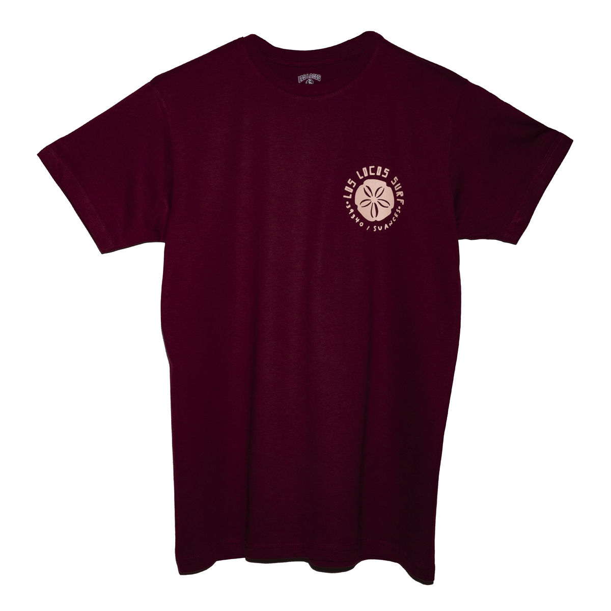 camiseta manga corta granate FRONTAL logotipo nature beige TIENDA SURF LOS LOCOS SUANCES-tallas
