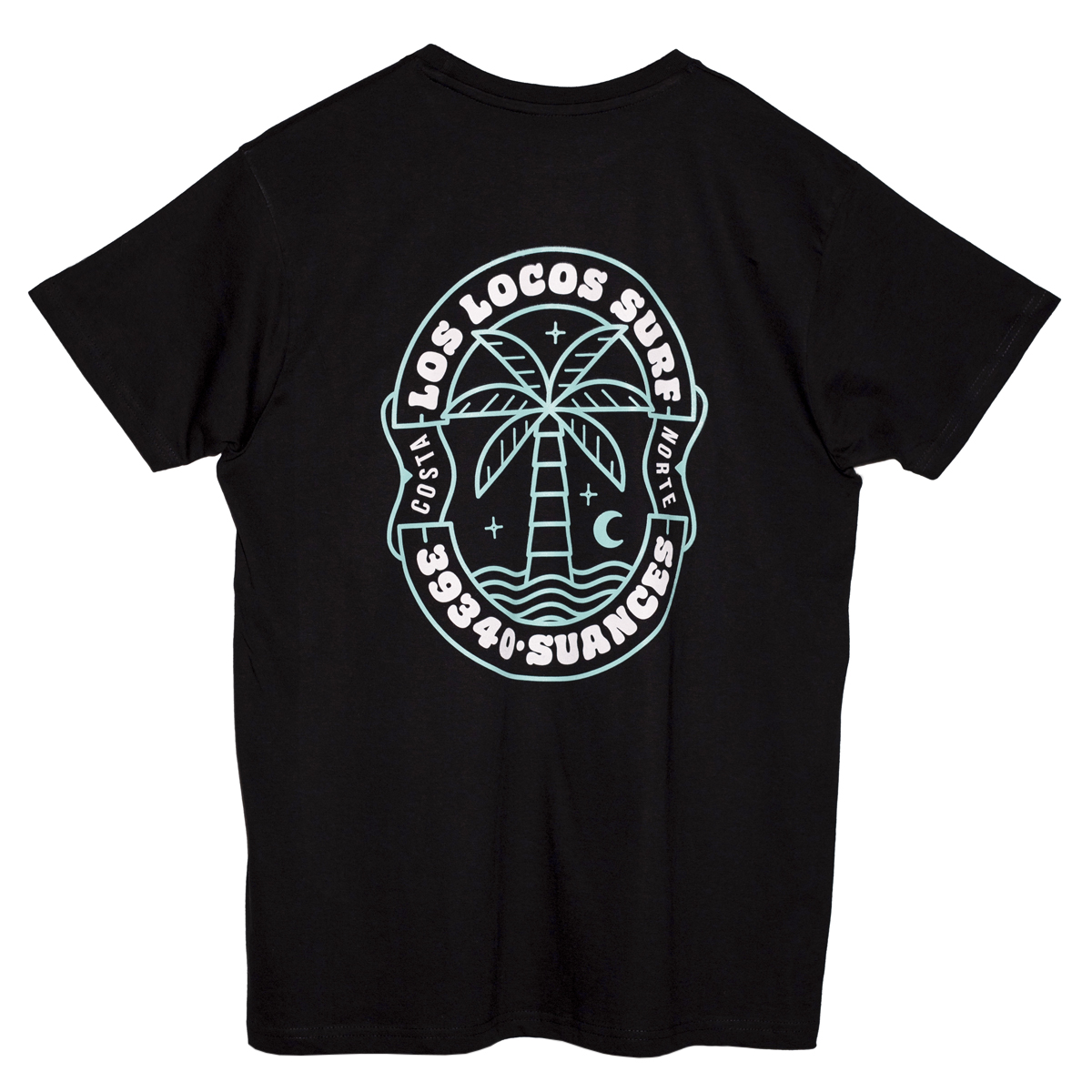 camiseta manga corta negro ESPALDA REVERSO logotipo palmera menta TIENDA SURF LOS LOCOS SUANCES