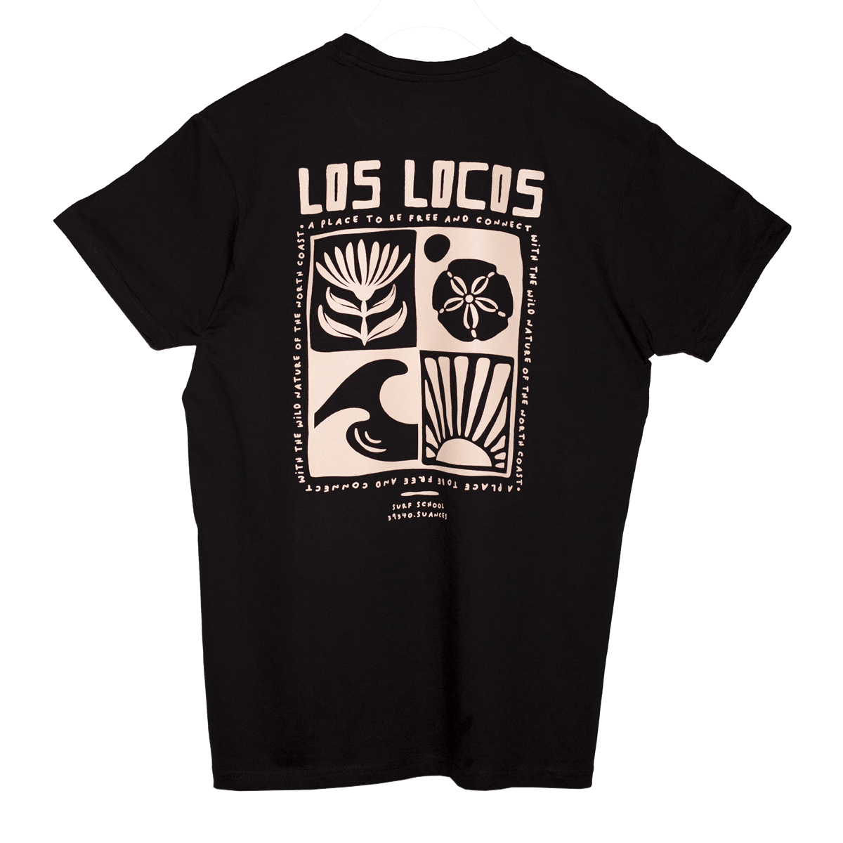 camiseta manga corta negro logotipo natura beige TIENDA SURF LOS LOCOS SUANCES